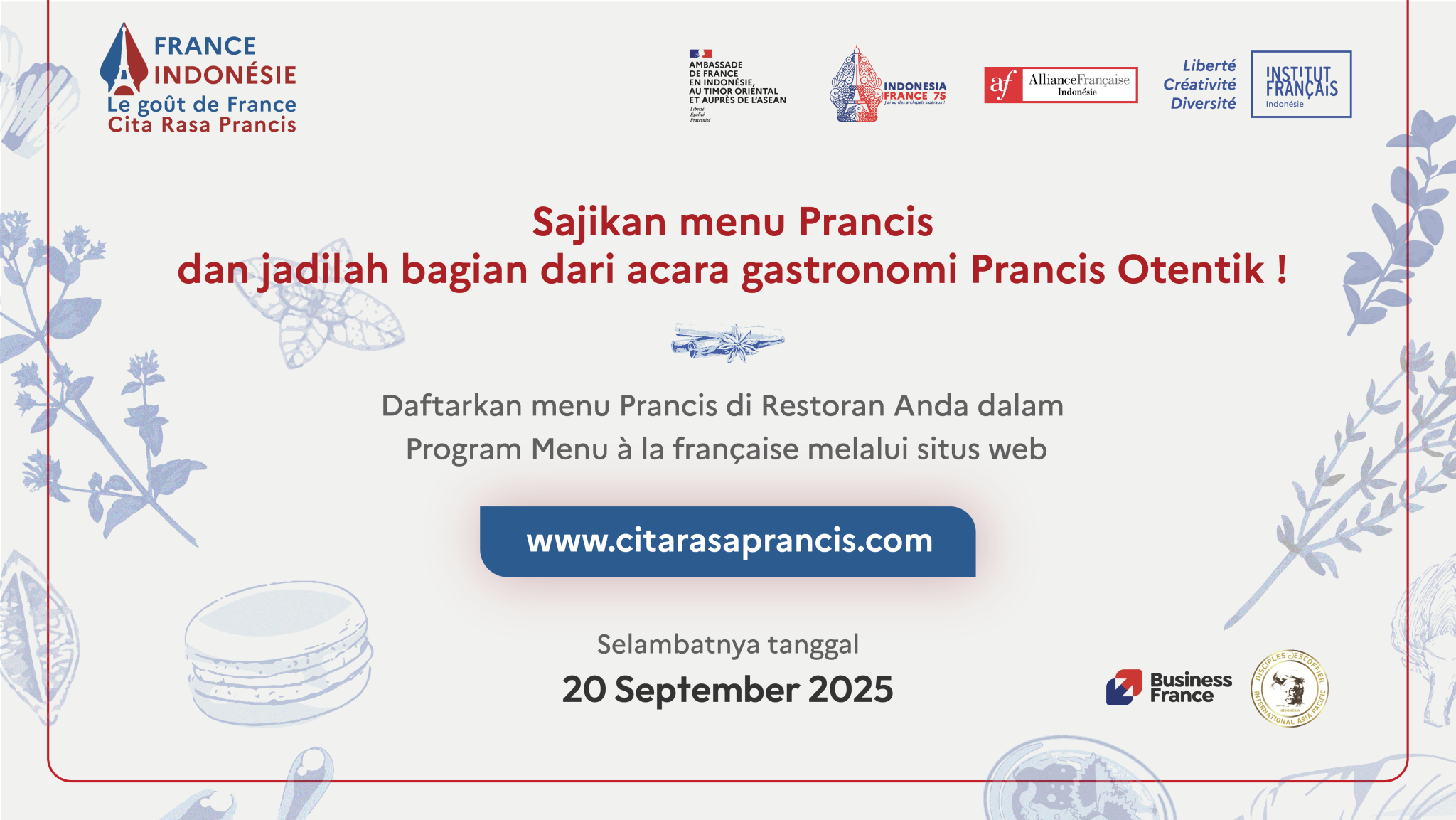 Appel à candidatures pour la semaine de la gastronomie « Le Goût de France – Cita Rasa Prancis » 2025
